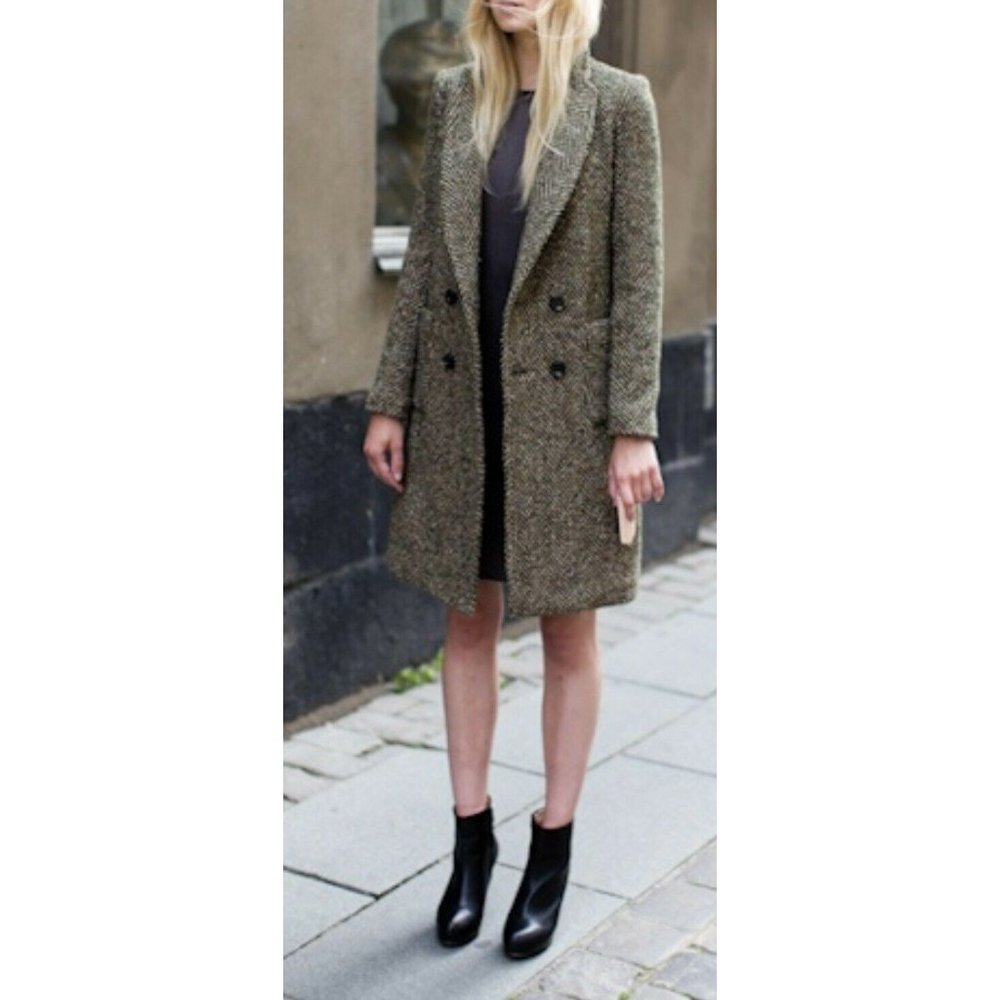 Emerson Fry Tweed Herringbone Trench Coat Patch Pockets Blazer Jacket